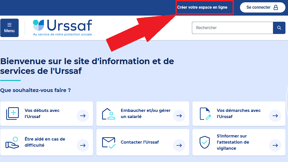 Page d'accueil du site de l'URSSAF, le lien « Créer votre espace en ligne » est en haut à droite.