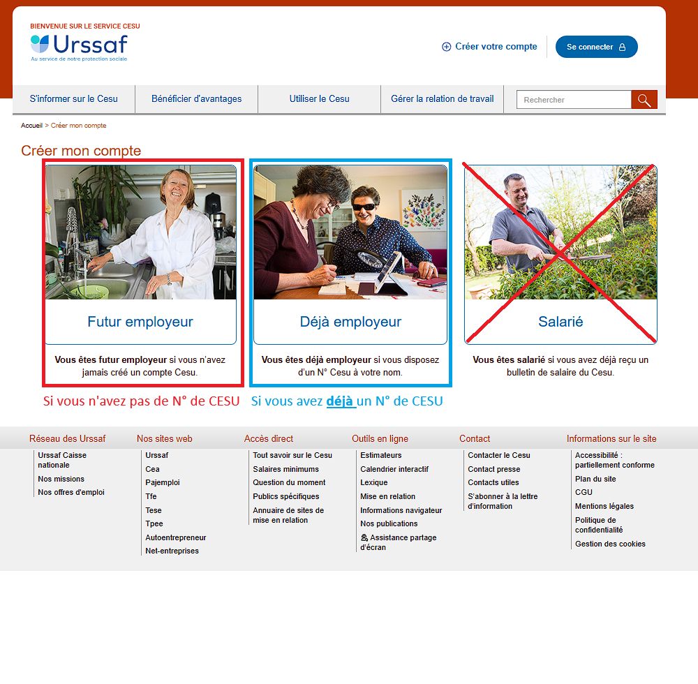 Page « Créer mon compte » du Cesu, avec les trois profils : Futur employeur, Déjà employeur et Salarié.
