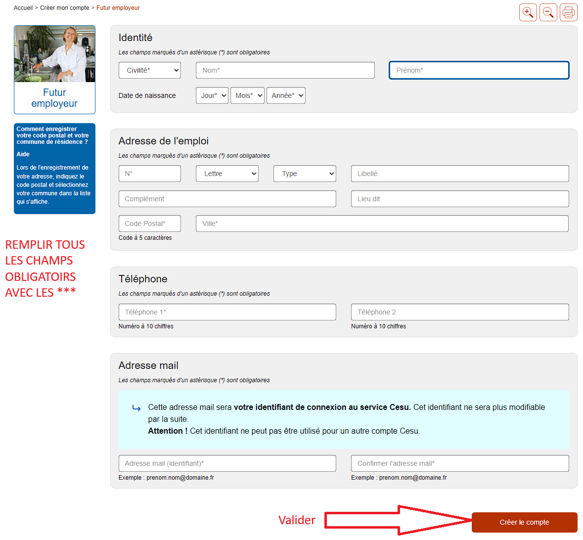 Formulaire de création de compte Cesu : identité, adresse de l'emploi, téléphone et adresse mail.